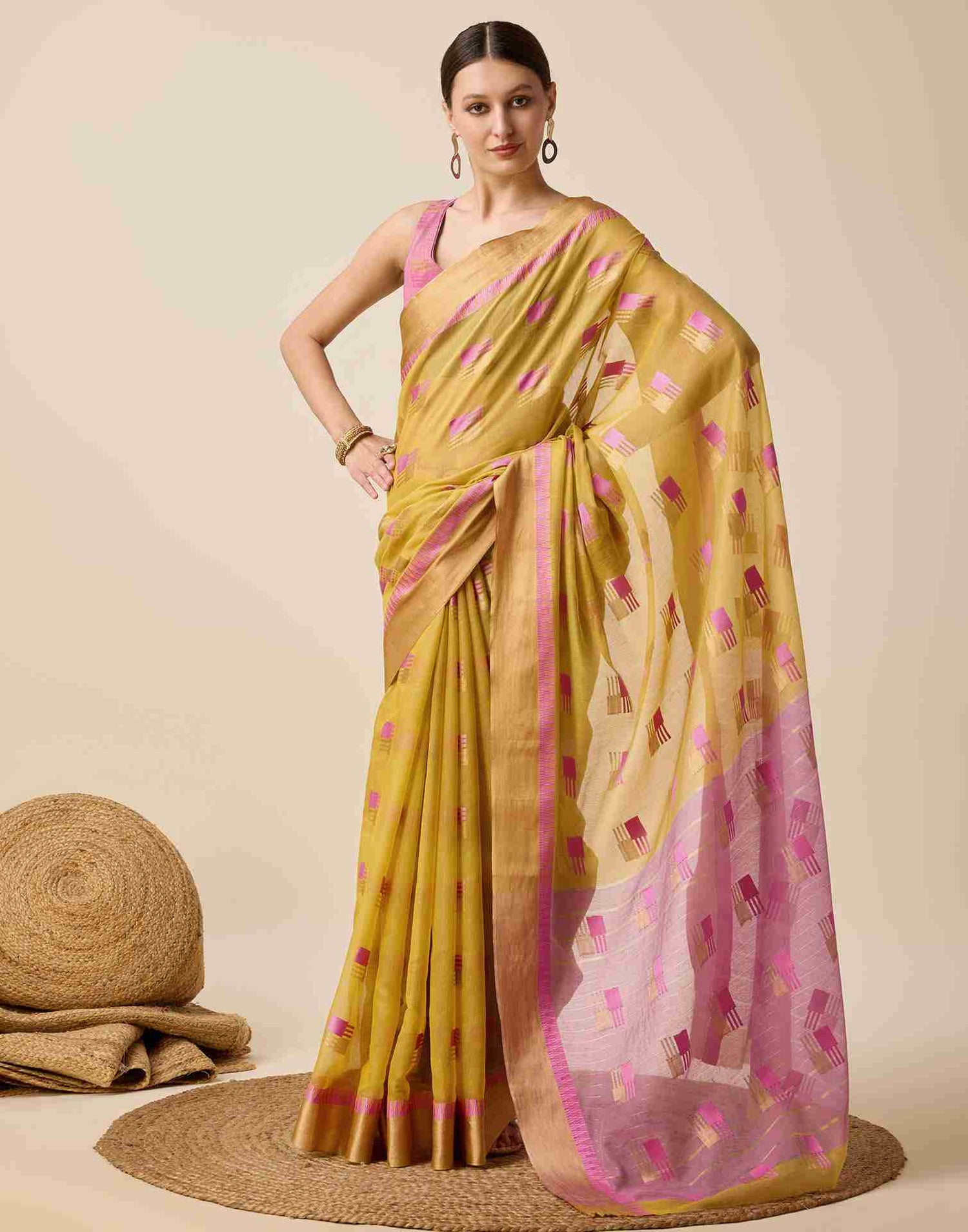 Mustard Yellow Cotton Woven Weaving Saree