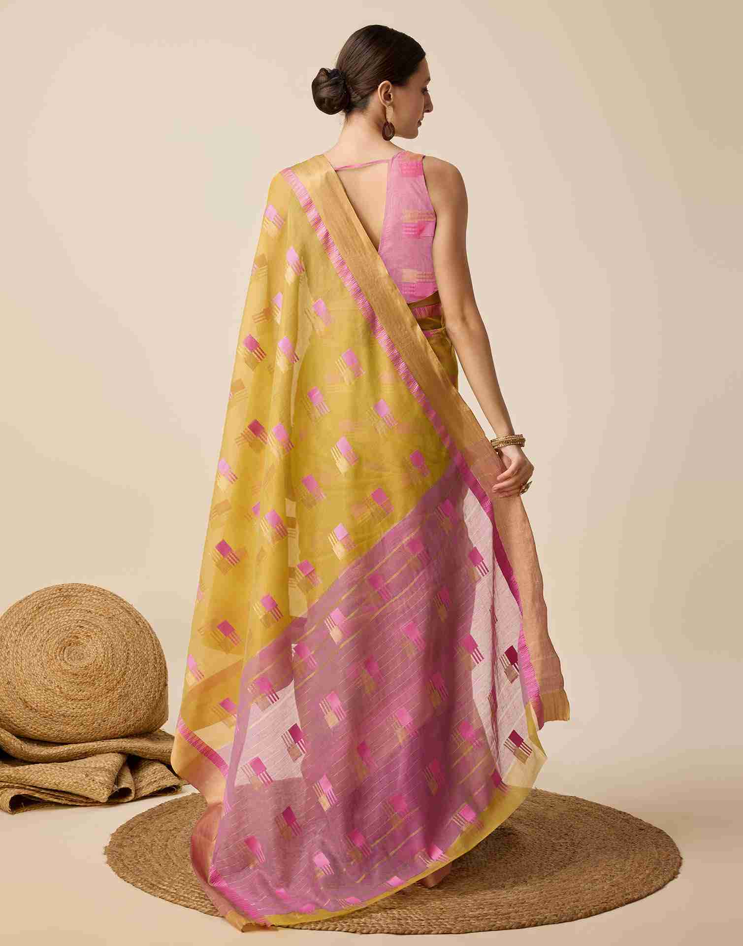 Mustard Yellow Cotton Woven Weaving Saree