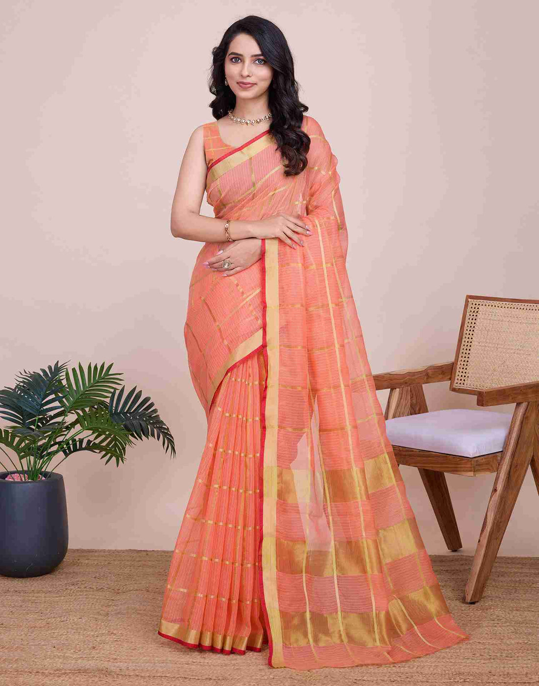 Peach Pink Silk Woven Kota Doria Saree