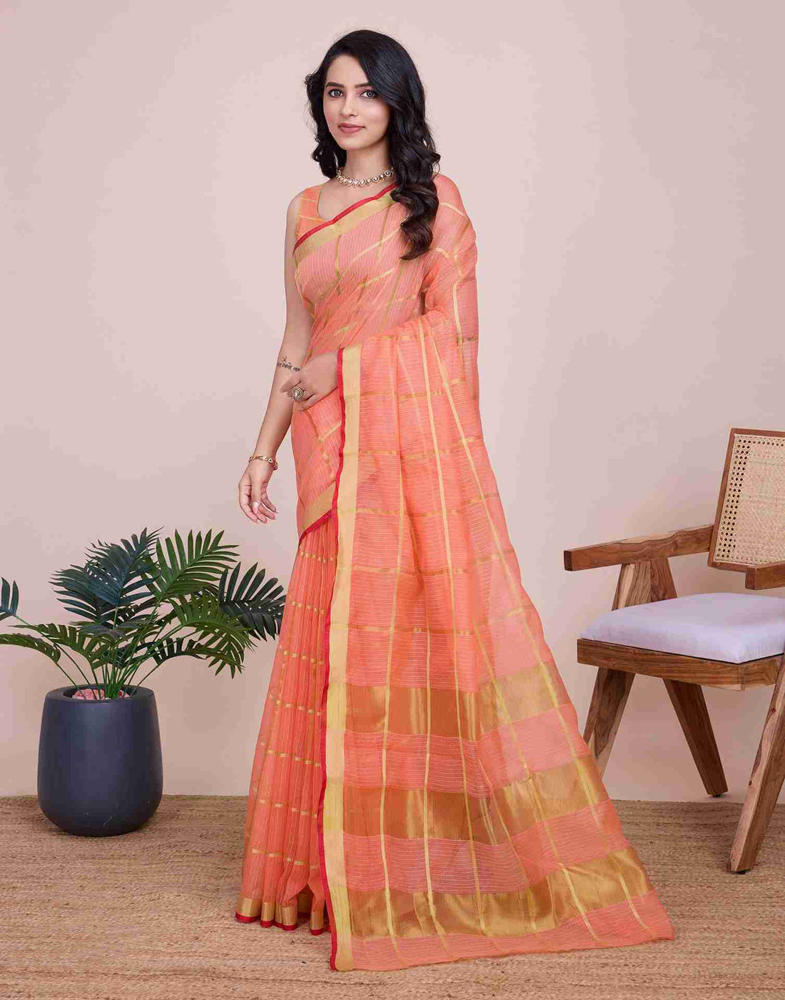 Peach Pink Silk Woven Kota Doria Saree