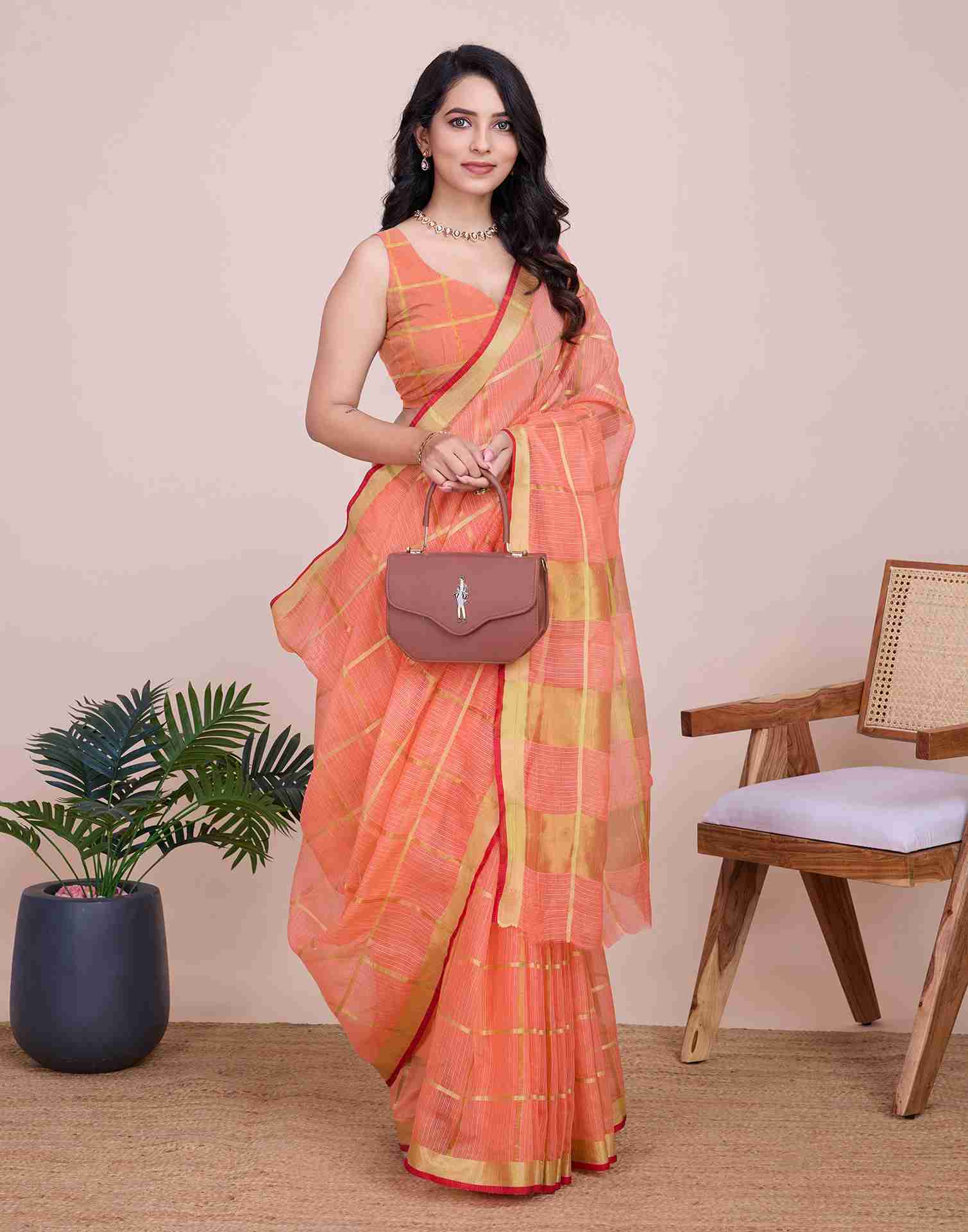 Peach Pink Silk Woven Kota Doria Saree