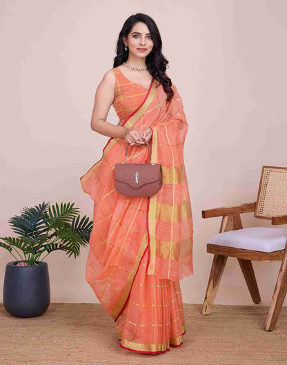 Peach Pink Silk Woven Kota Doria Saree