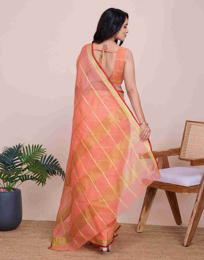 Peach Pink Silk Woven Kota Doria Saree