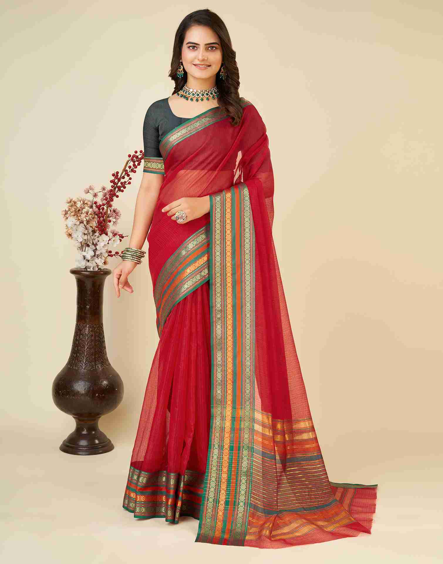 Red Silk Woven Kota Doria Saree