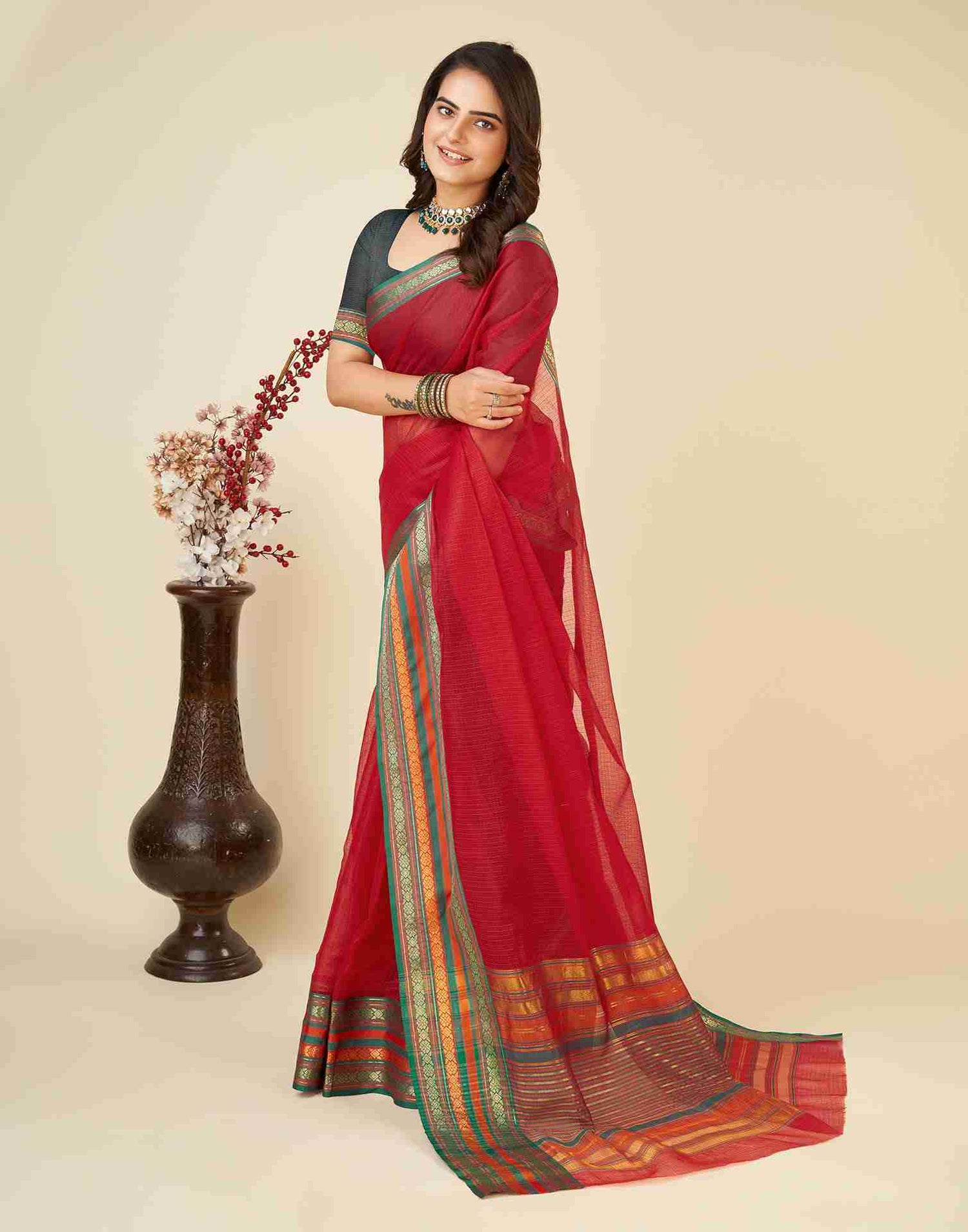 Red Silk Woven Kota Doria Saree