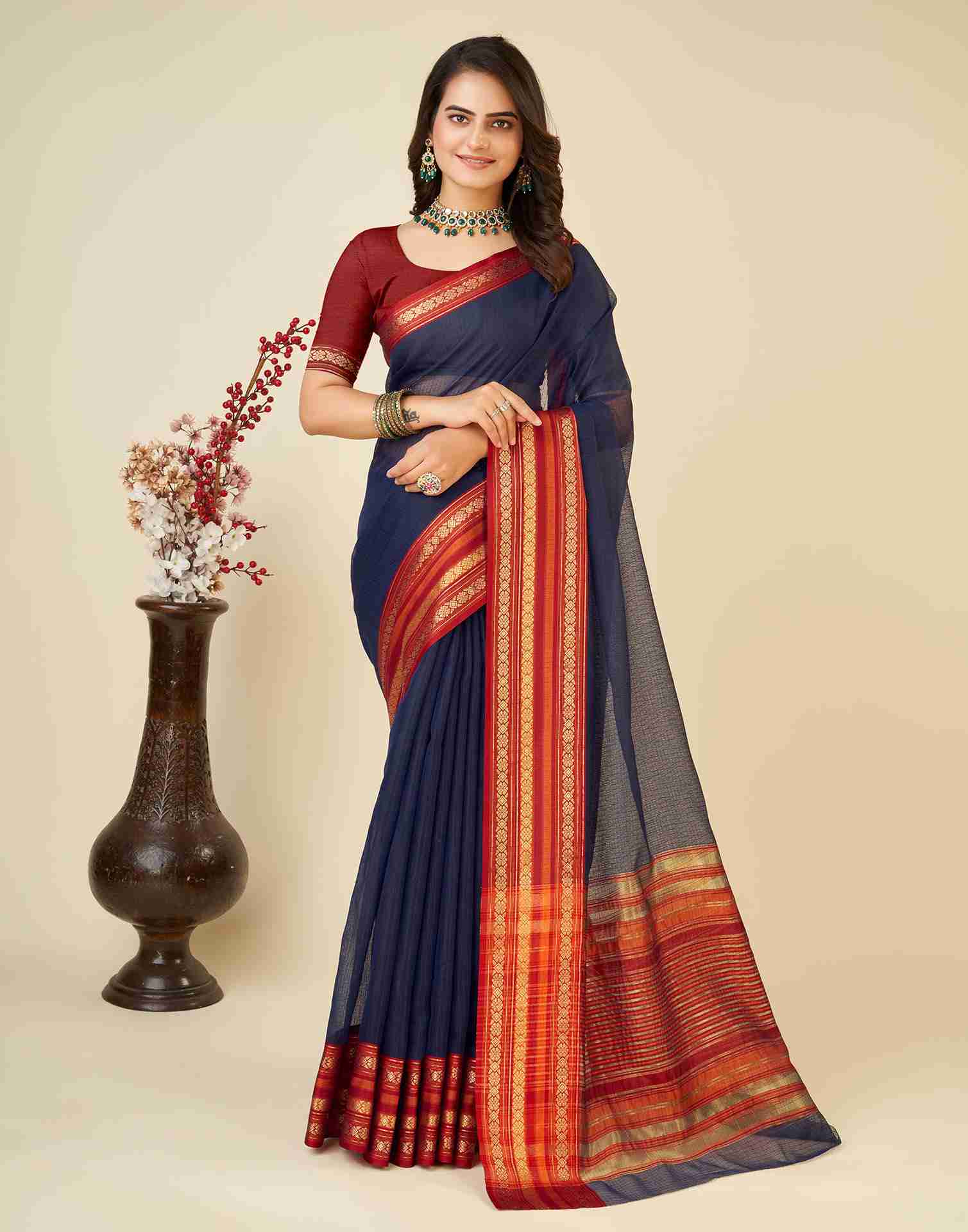 Navy Blue Silk Woven Kota Doria Saree