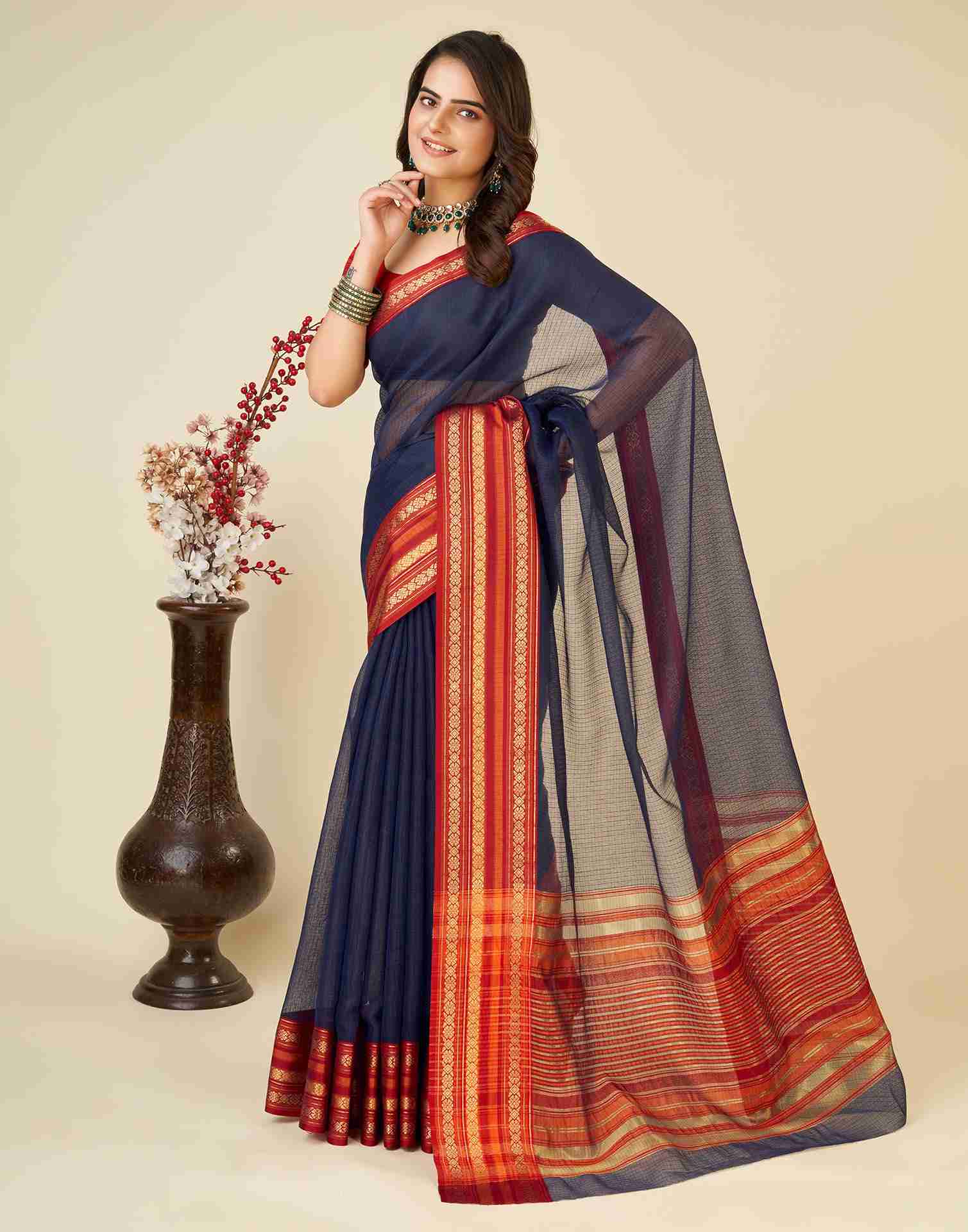 Navy Blue Silk Woven Kota Doria Saree