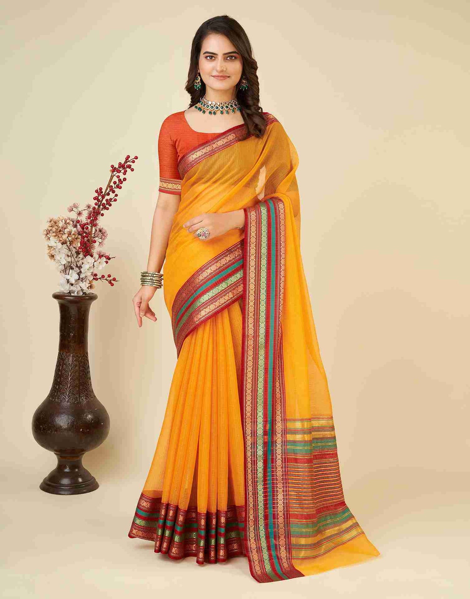 Mustard Yellow Silk Woven Kota Doria Saree