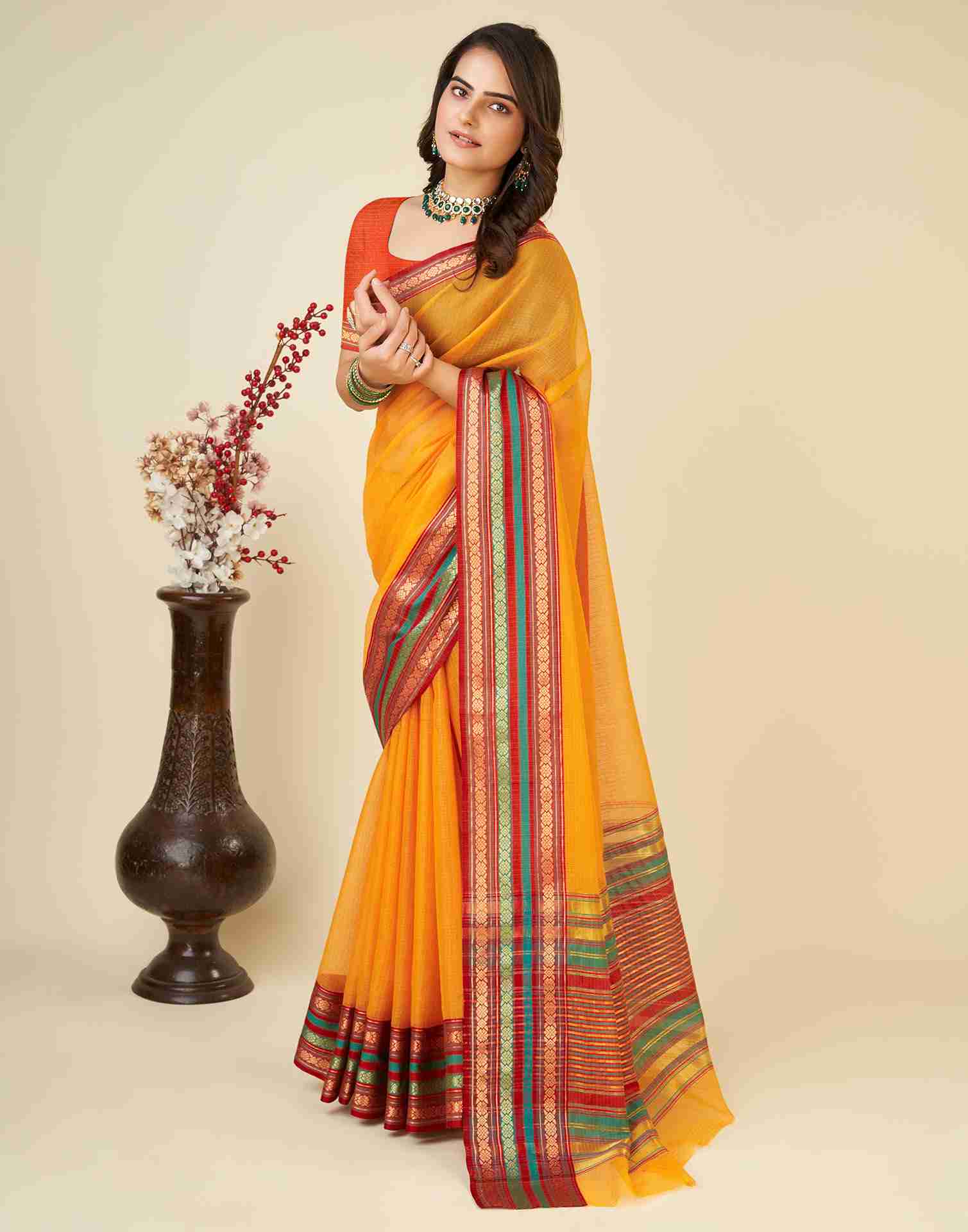 Mustard Yellow Silk Woven Kota Doria Saree