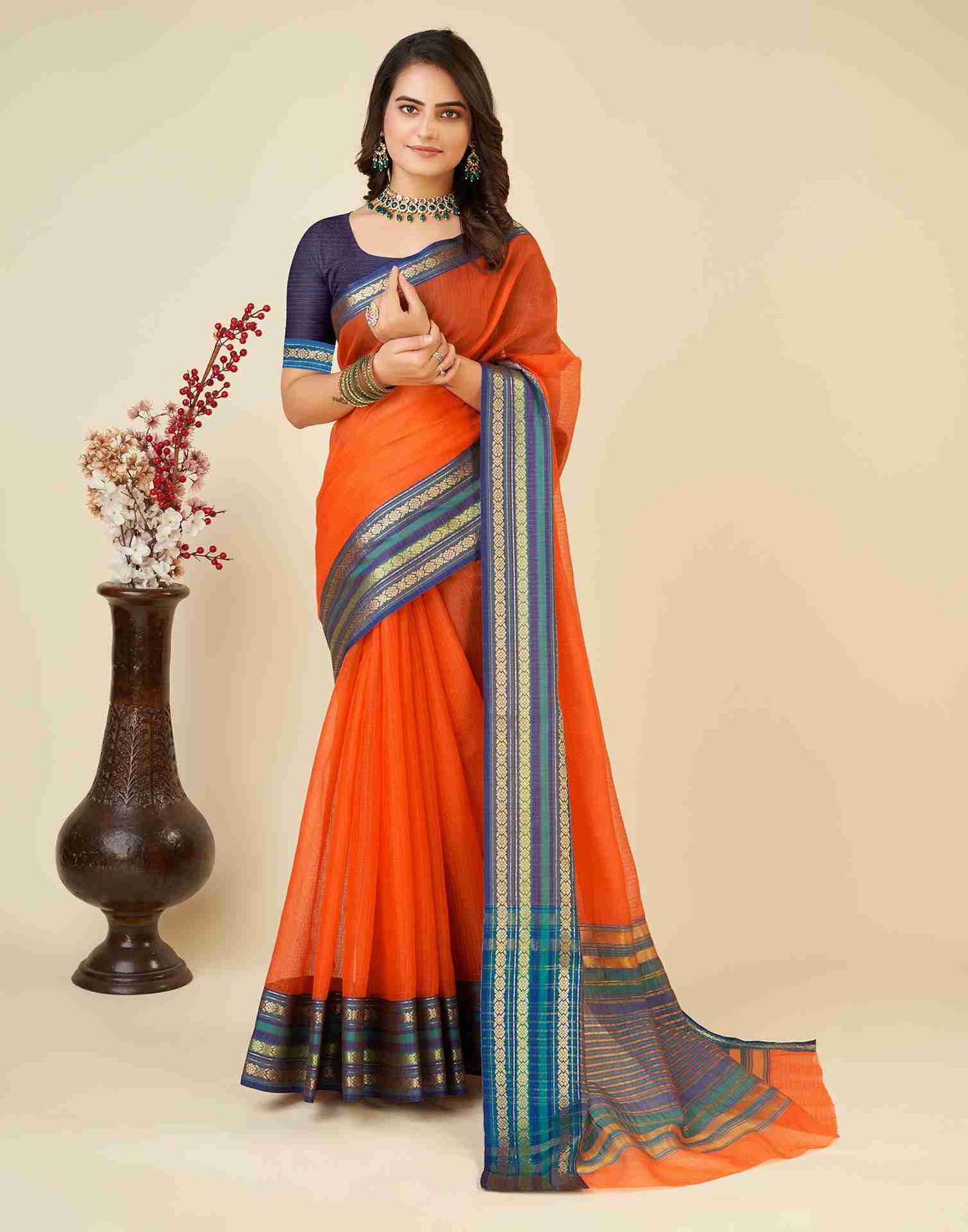 Orange Silk Woven Kota Doria Saree