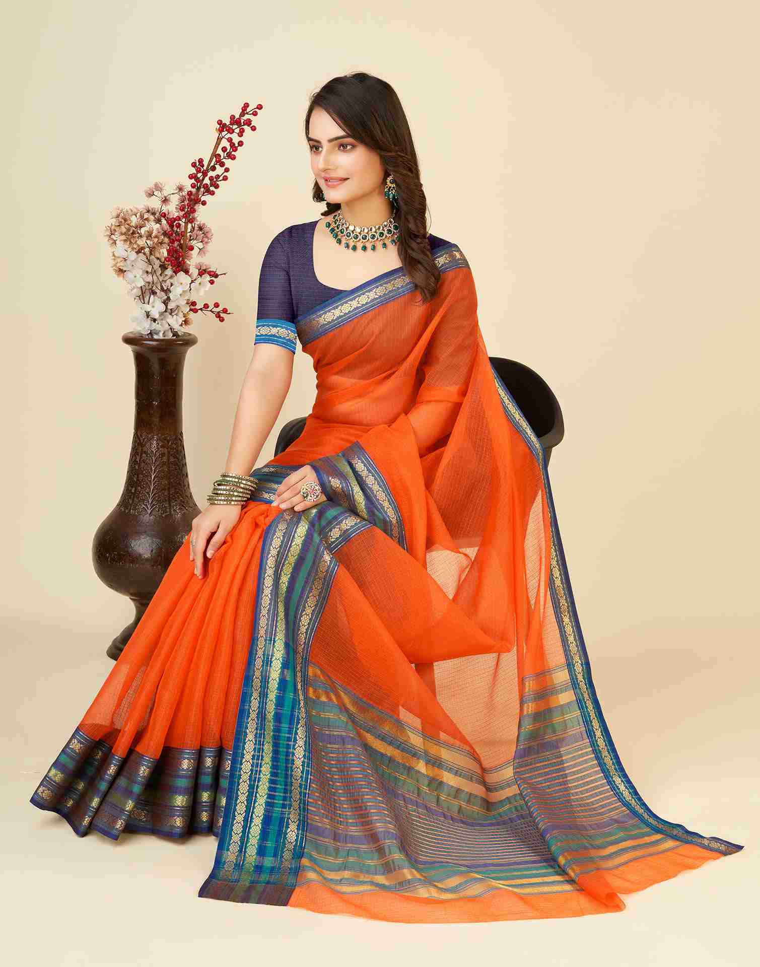 Orange Silk Woven Kota Doria Saree