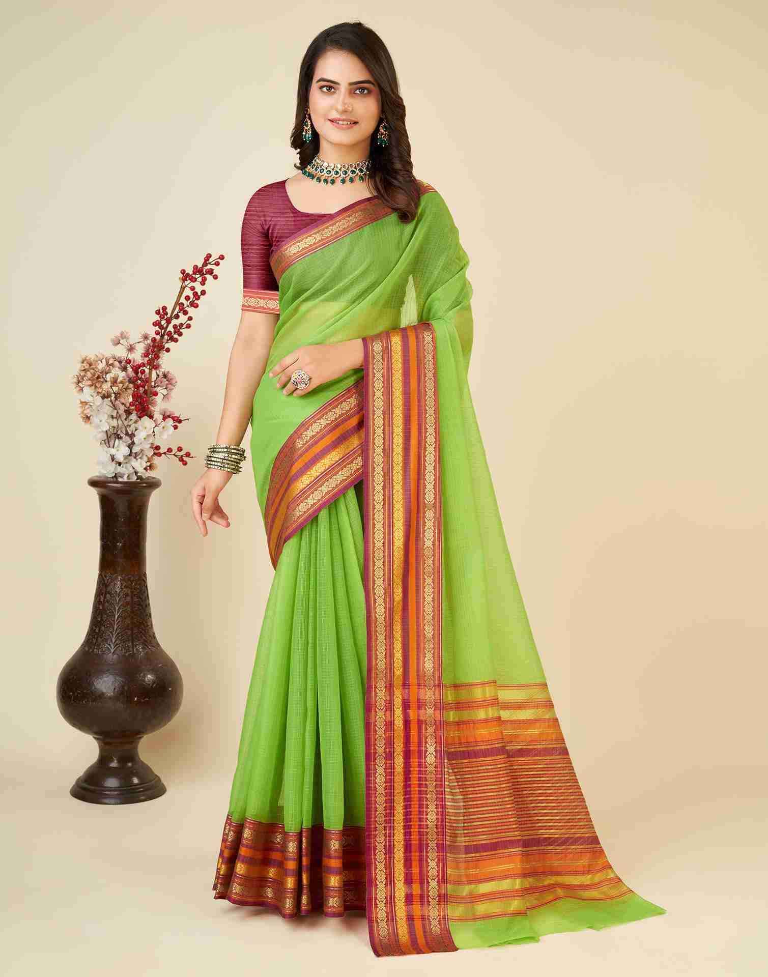 Green Silk Woven Kota Doria Saree