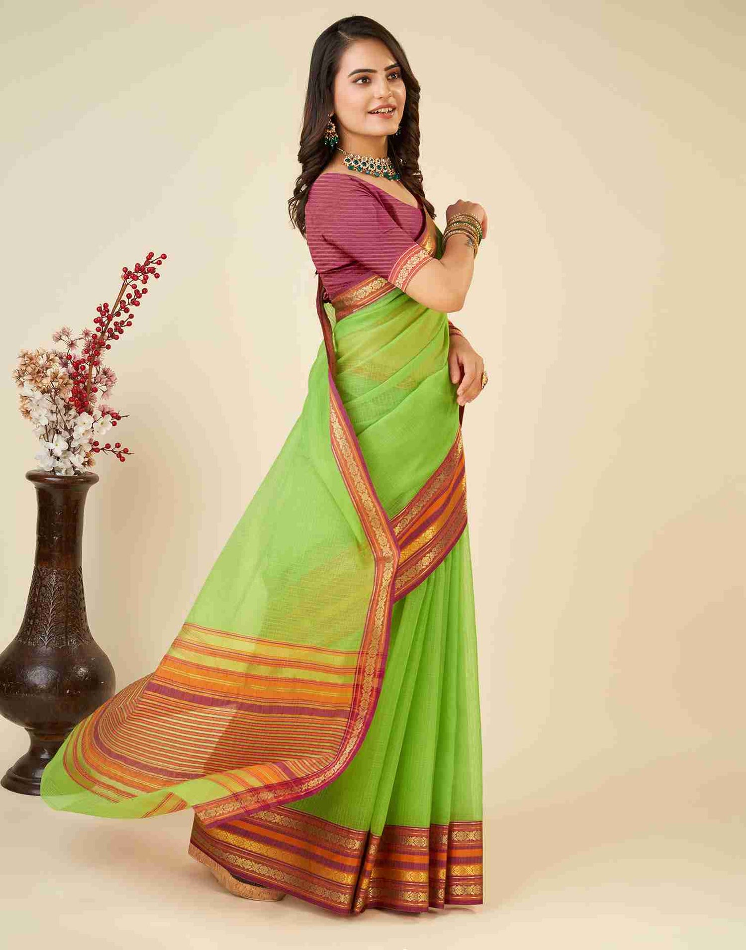 Green Silk Woven Kota Doria Saree