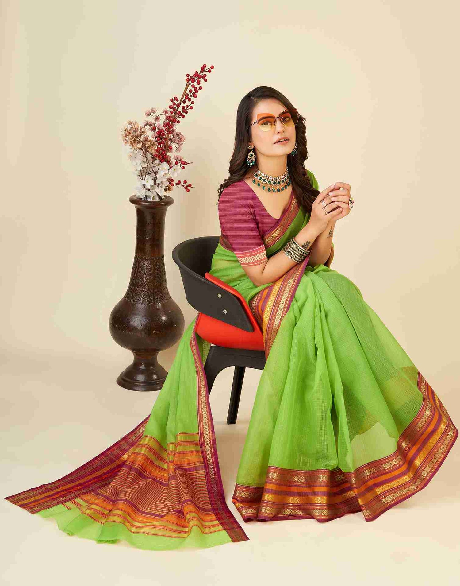 Green Silk Woven Kota Doria Saree