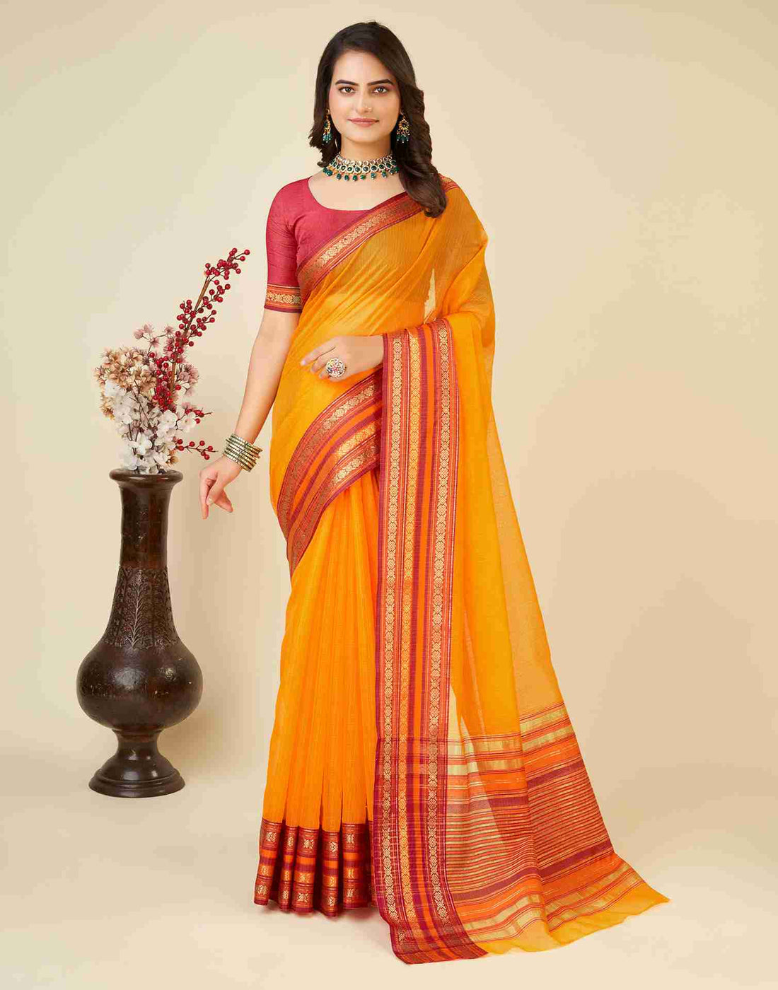 Yellow Silk Woven Kota Doria Saree