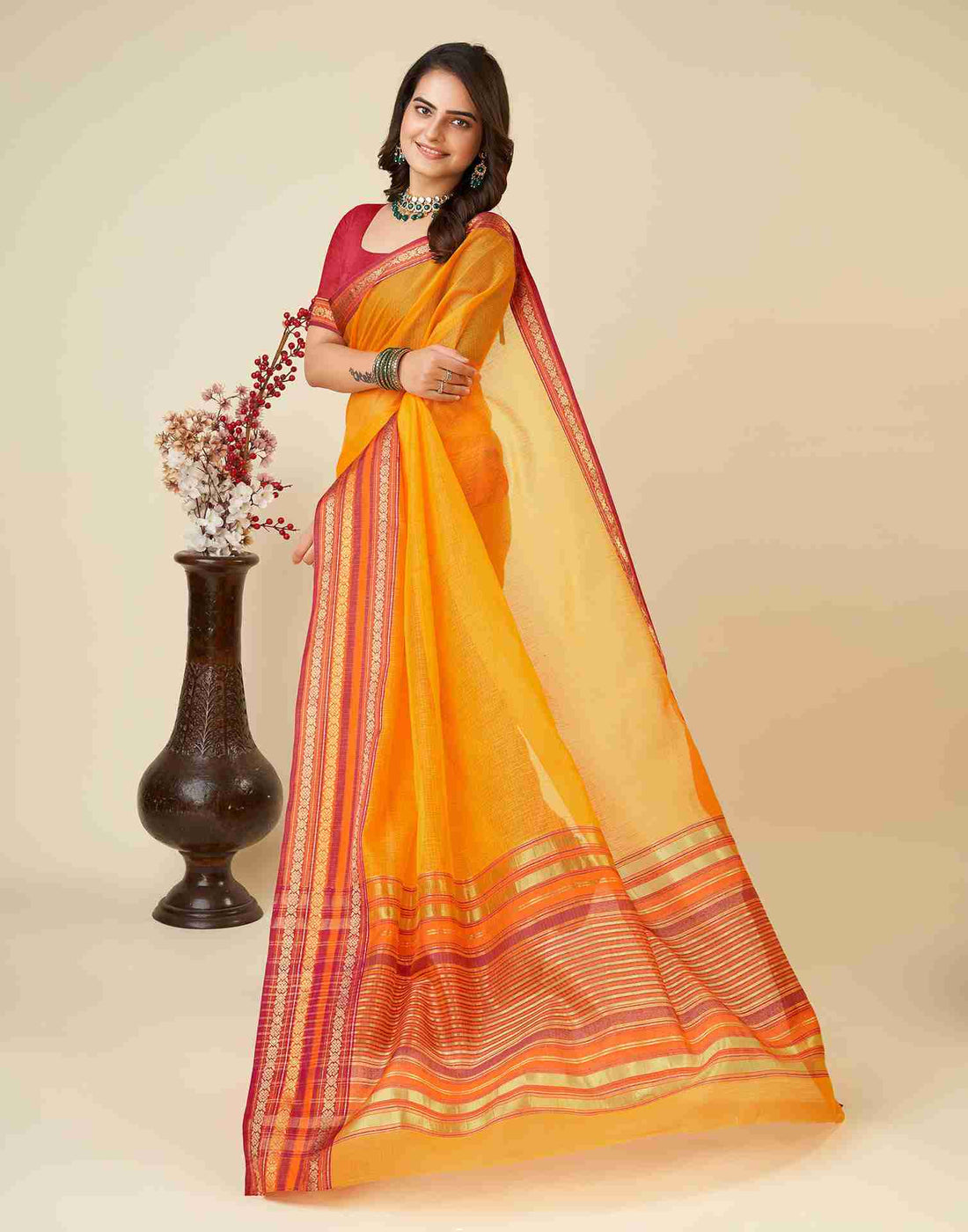 Yellow Silk Woven Kota Doria Saree