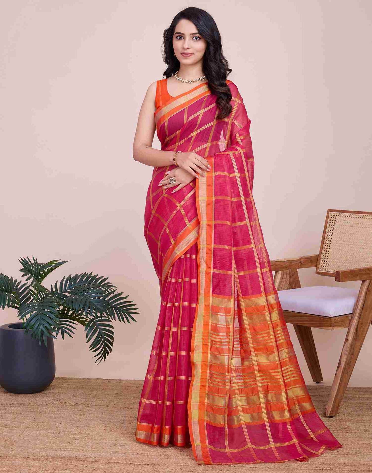 Rani Pink Silk Woven Kota Doria Saree