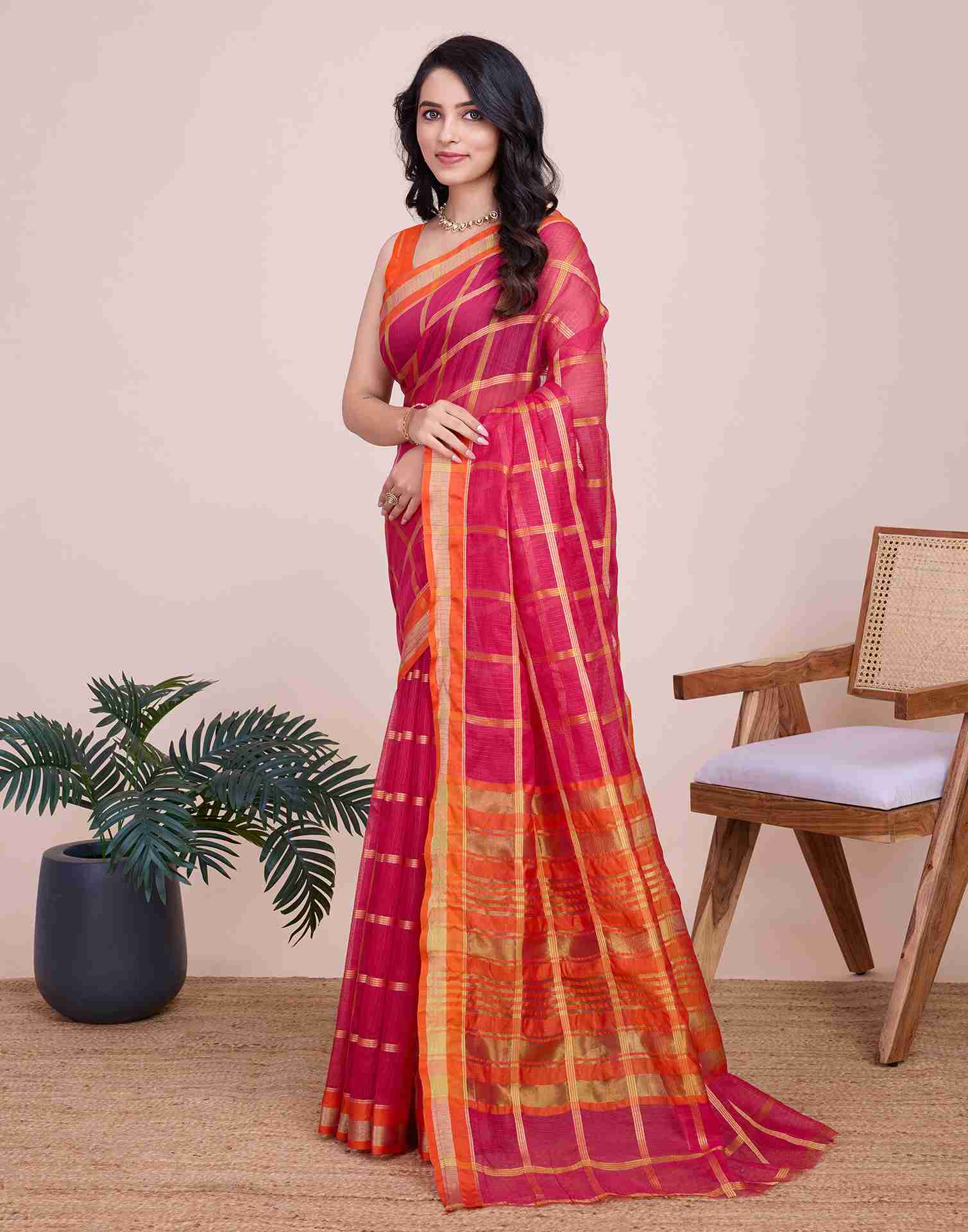 Rani Pink Silk Woven Kota Doria Saree