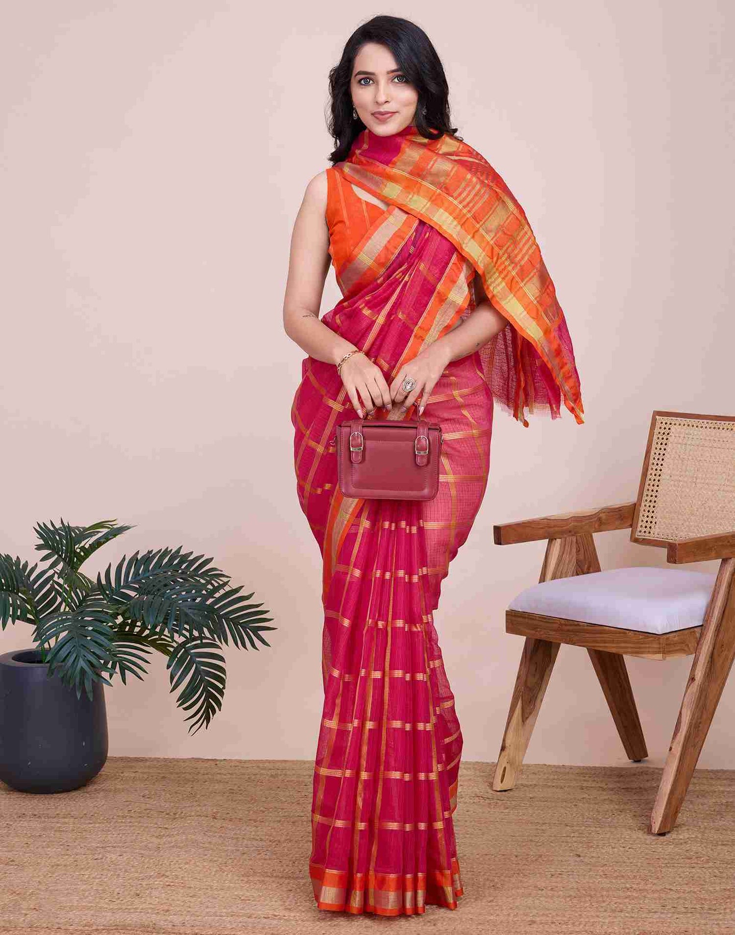 Rani Pink Silk Woven Kota Doria Saree