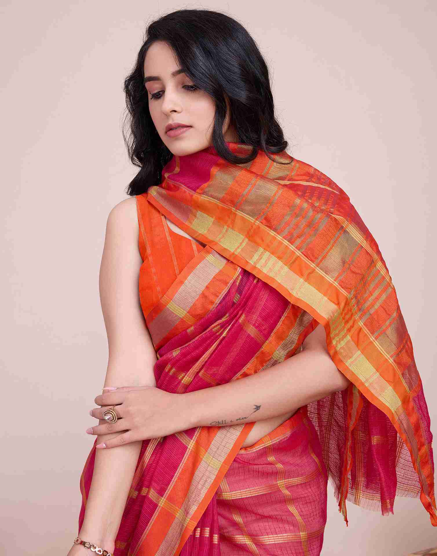 Rani Pink Silk Woven Kota Doria Saree