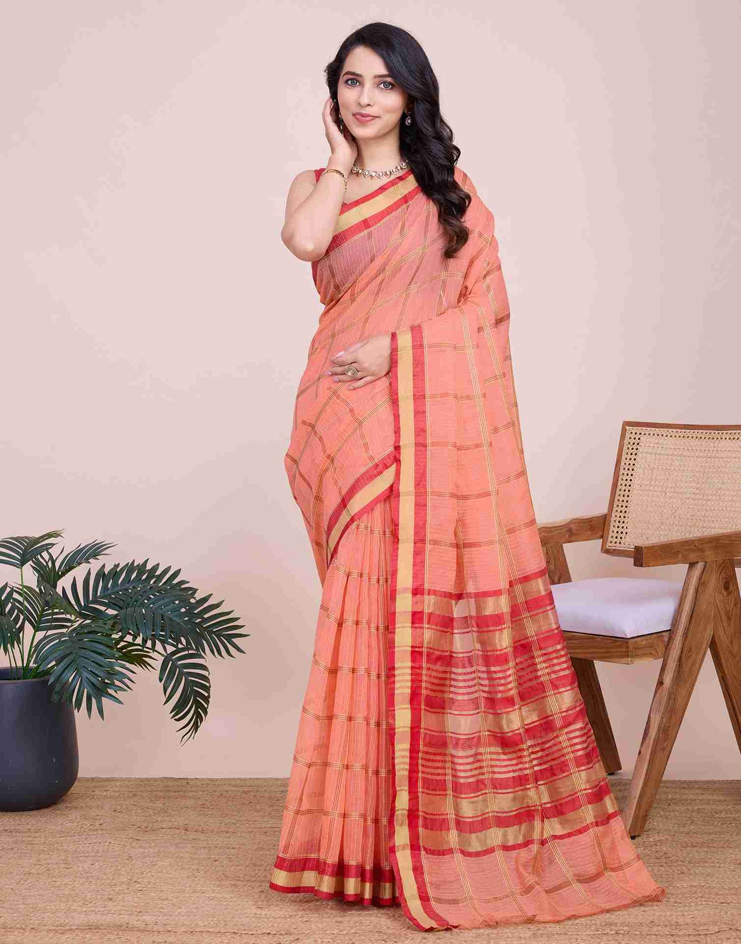 Peach Pink Silk Woven Kota Doria Saree