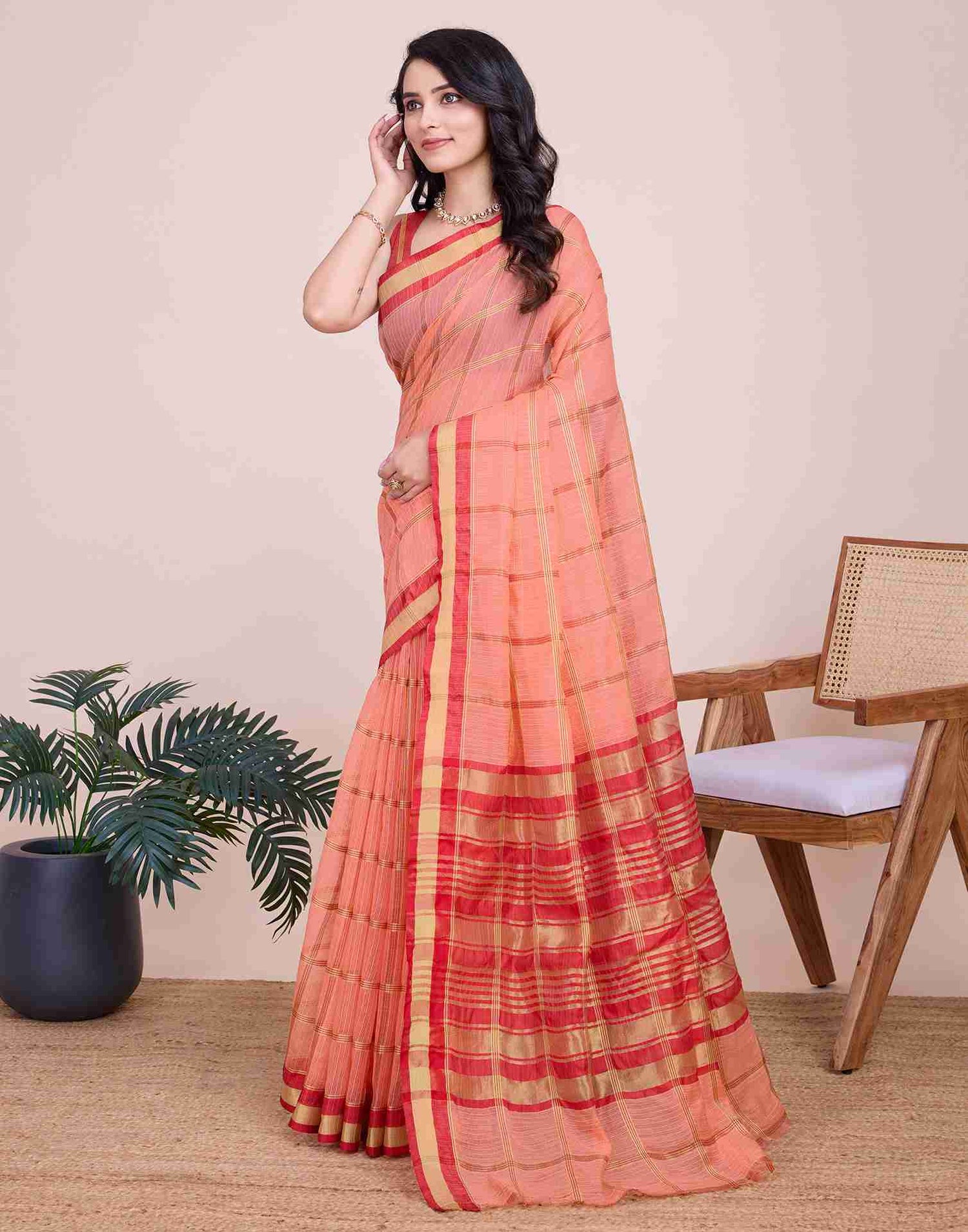 Peach Pink Silk Woven Kota Doria Saree