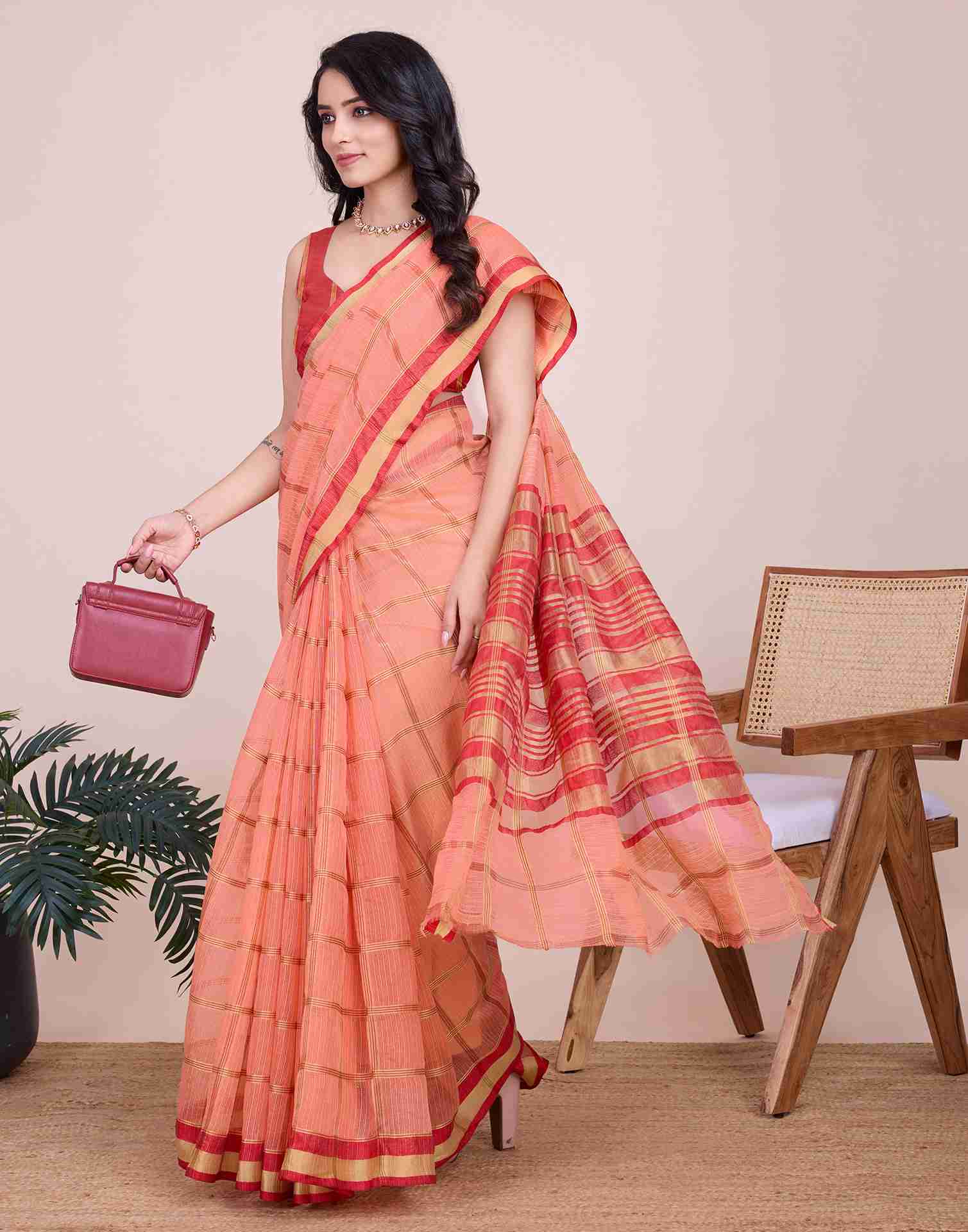 Peach Pink Silk Woven Kota Doria Saree