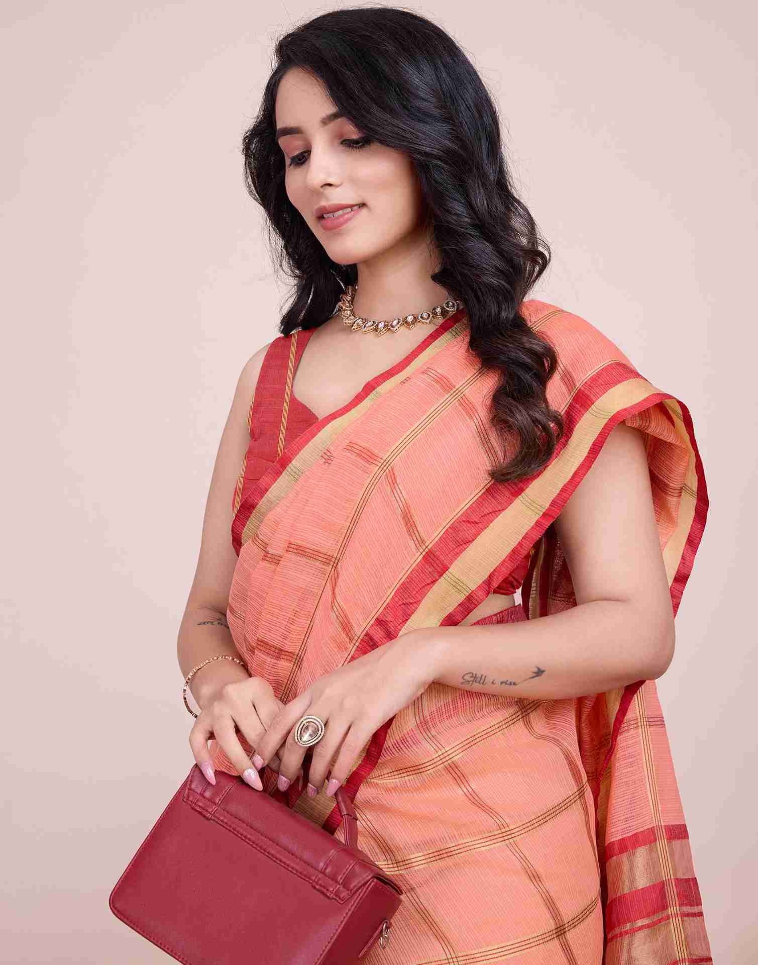 Peach Pink Silk Woven Kota Doria Saree