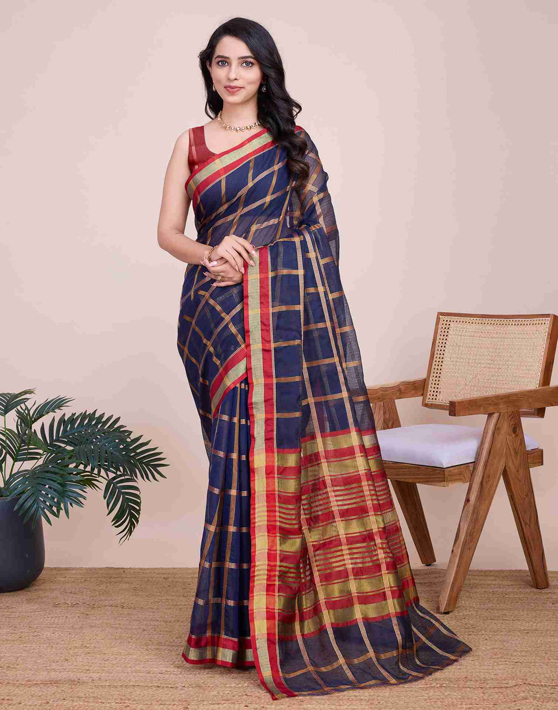 Navy Blue Silk Woven Kota Doria Saree