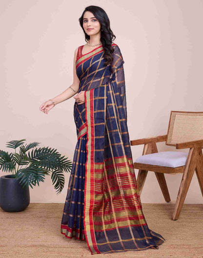 Navy Blue Silk Woven Kota Doria Saree