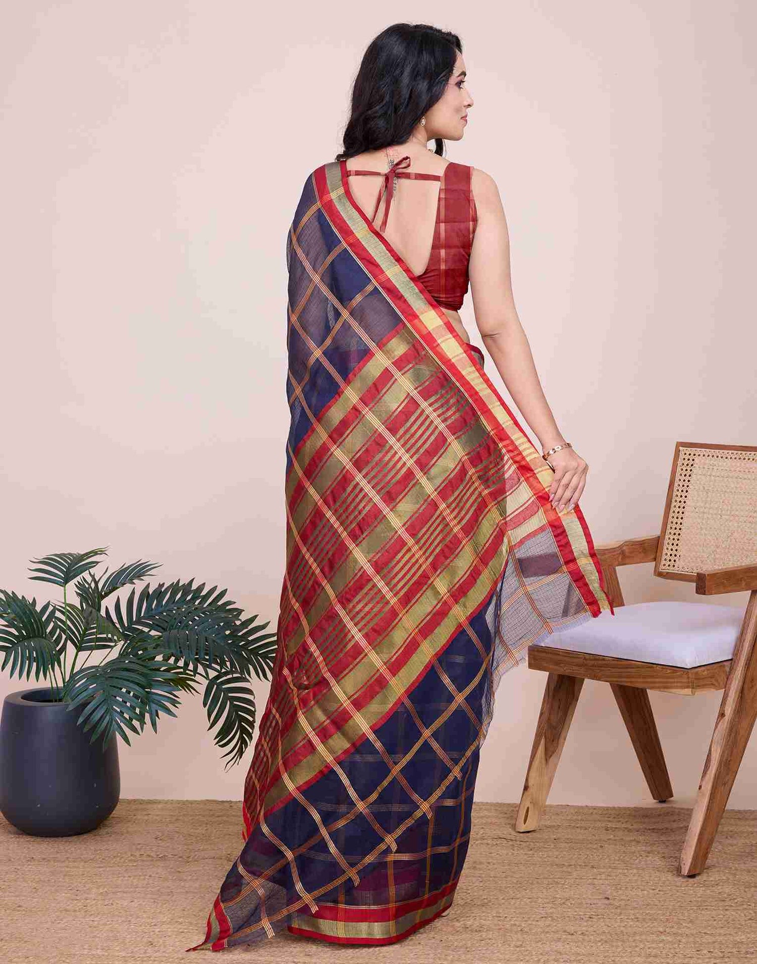 Navy Blue Silk Woven Kota Doria Saree