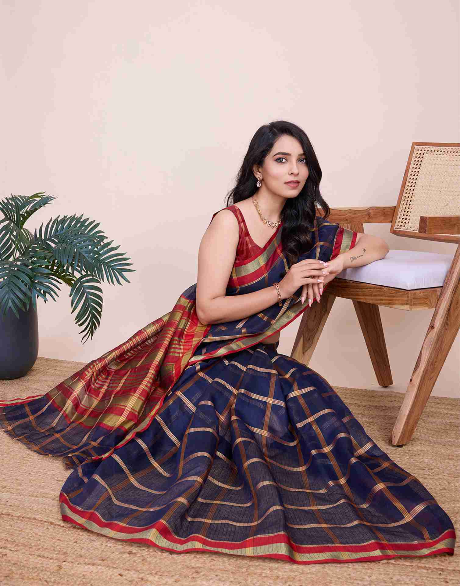 Navy Blue Silk Woven Kota Doria Saree