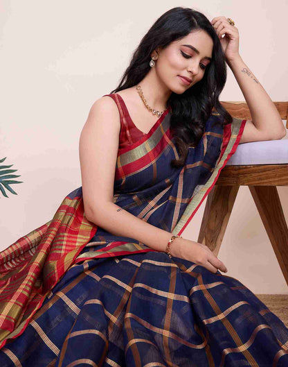 Navy Blue Silk Woven Kota Doria Saree