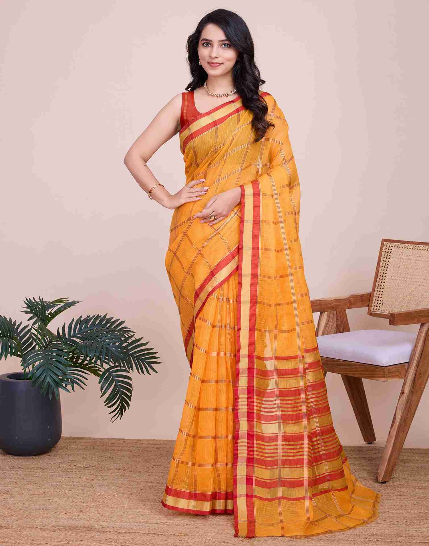 Yellow Silk Woven Kota Doria Saree