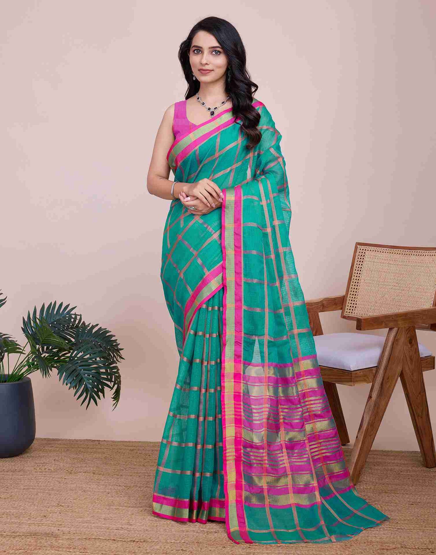 Teal Green Silk Woven Kota Doria Saree