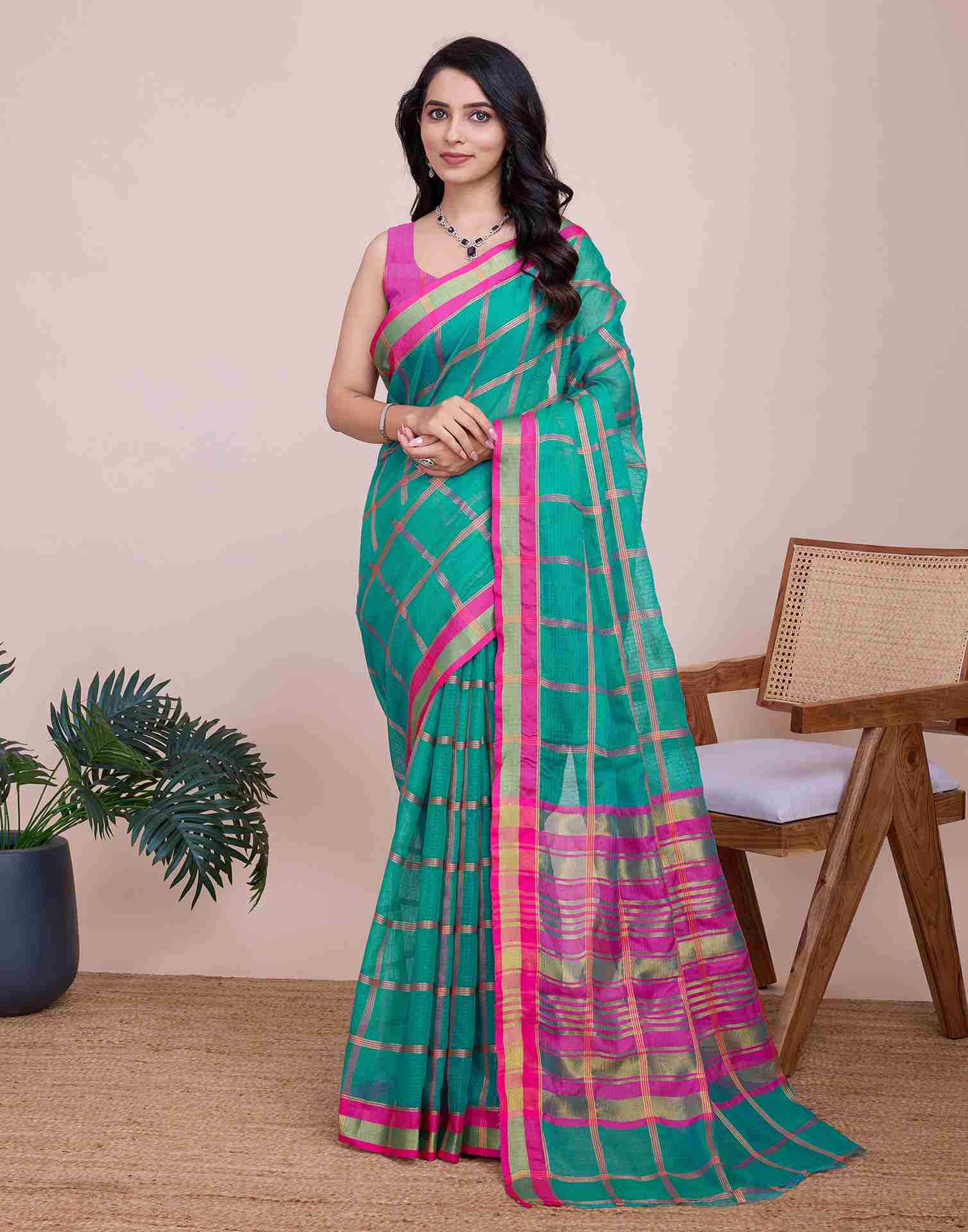 Teal Green Silk Woven Kota Doria Saree