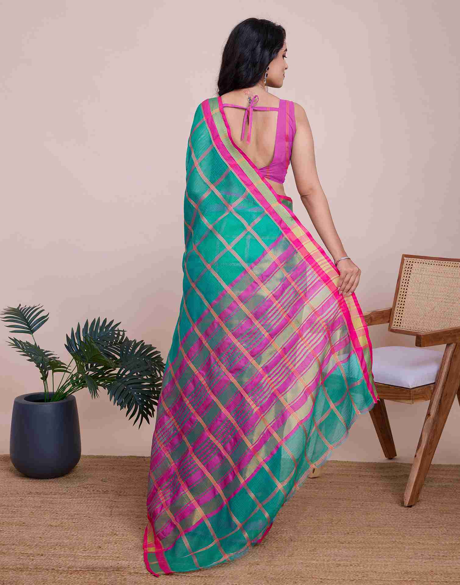 Teal Green Silk Woven Kota Doria Saree