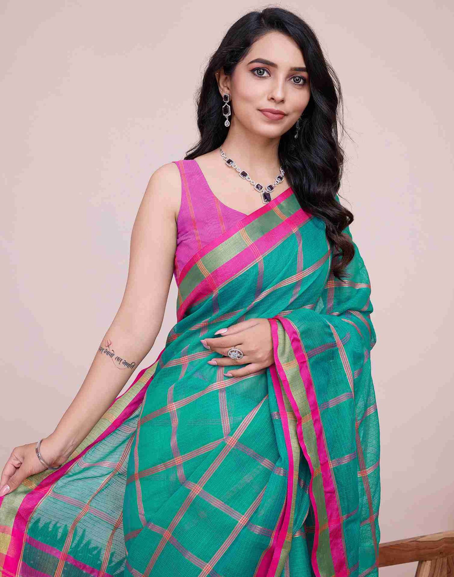 Teal Green Silk Woven Kota Doria Saree