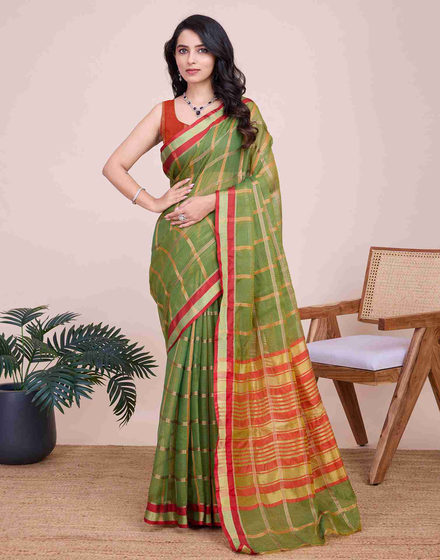 Green Silk Woven Kota Doria Saree