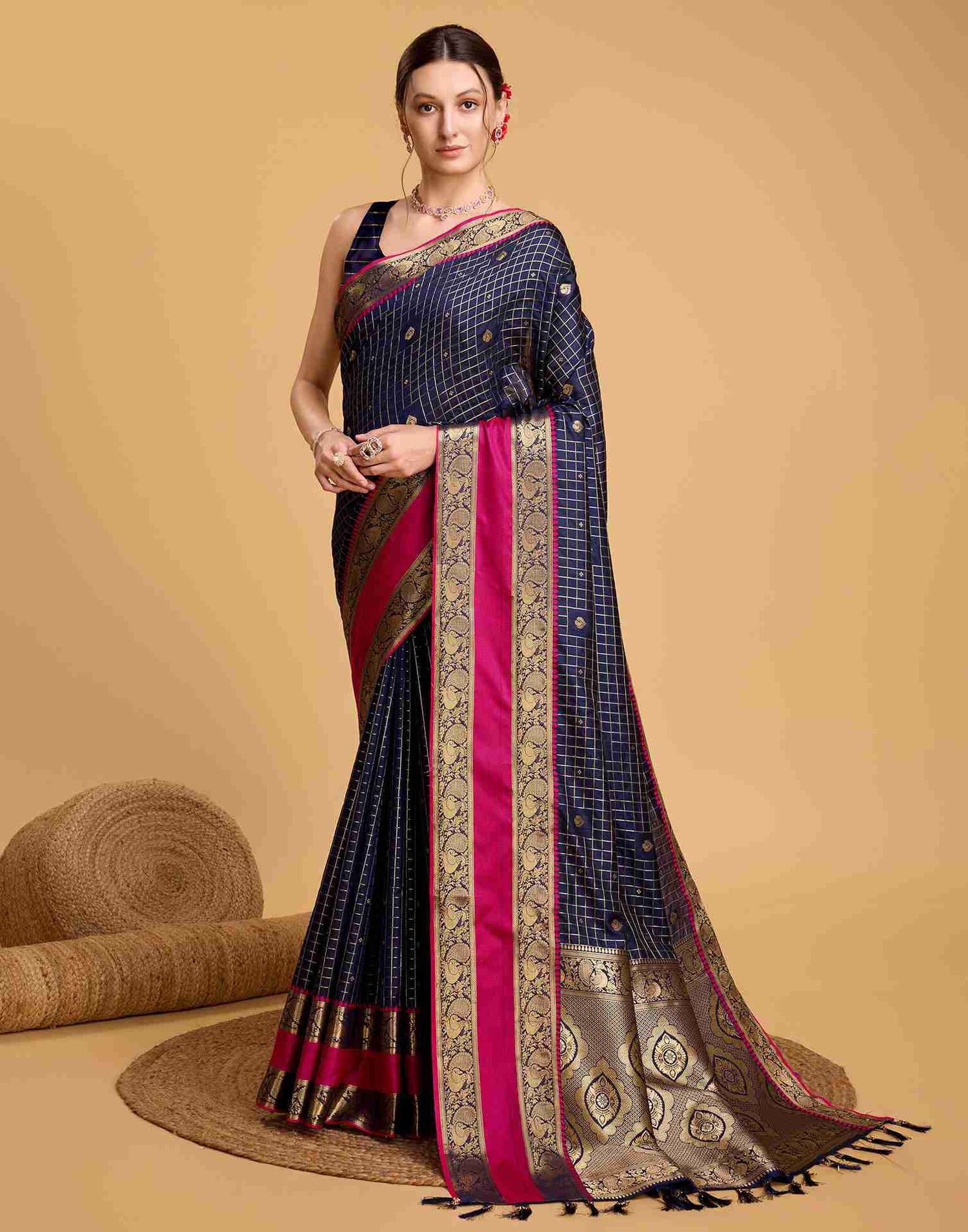 Navy Blue Silk Woven Banarasi Saree