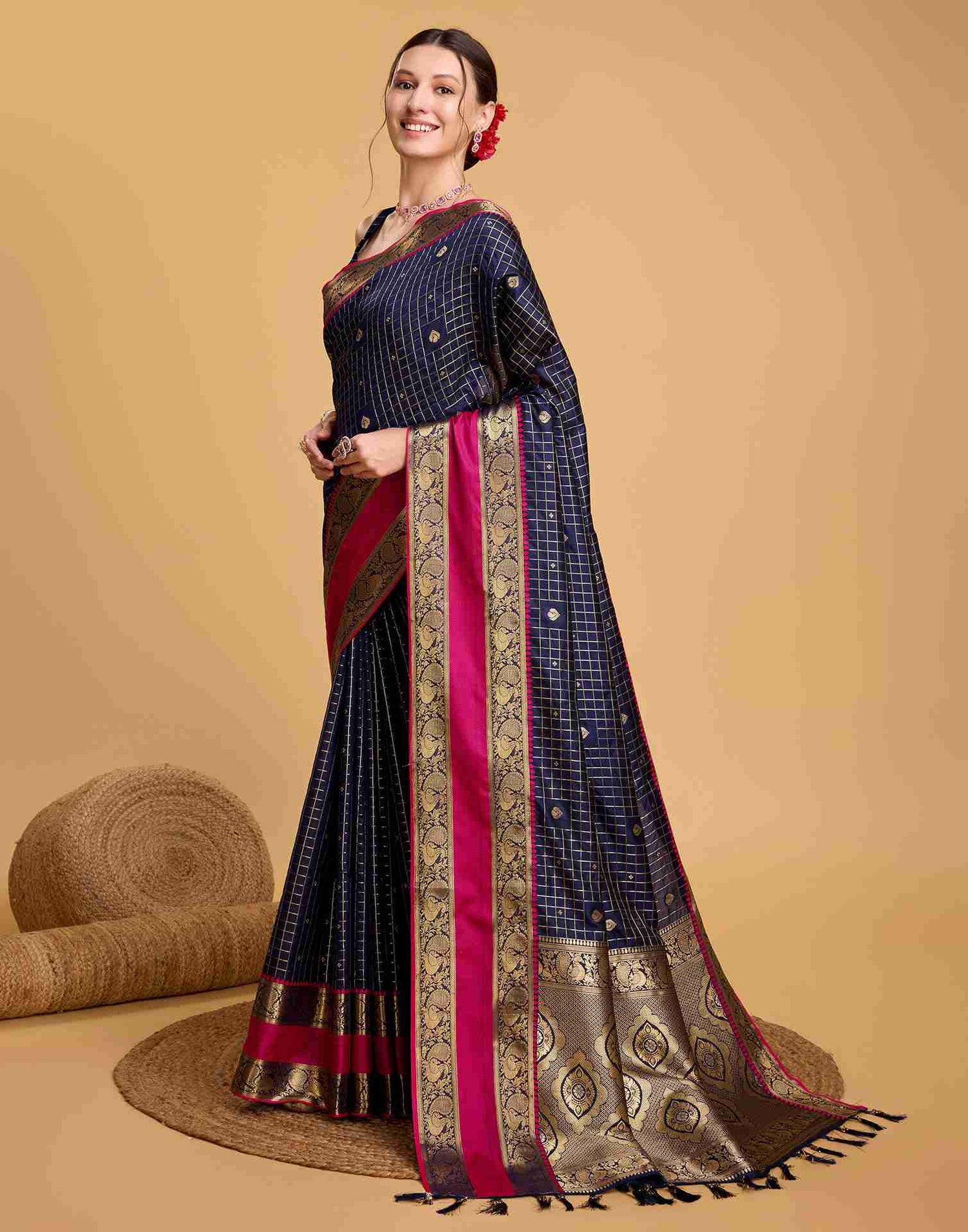 Navy Blue Silk Woven Banarasi Saree