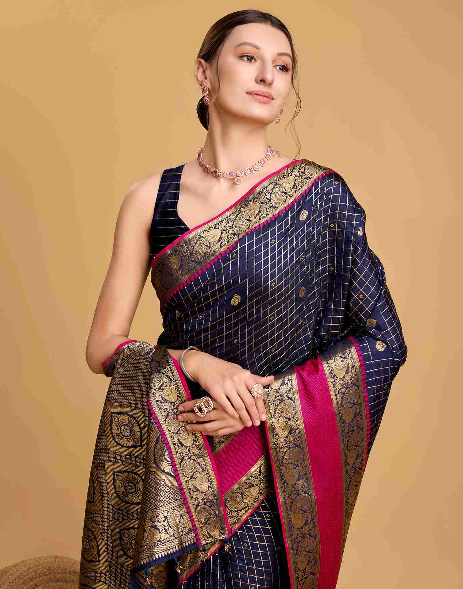 Navy Blue Silk Woven Banarasi Saree