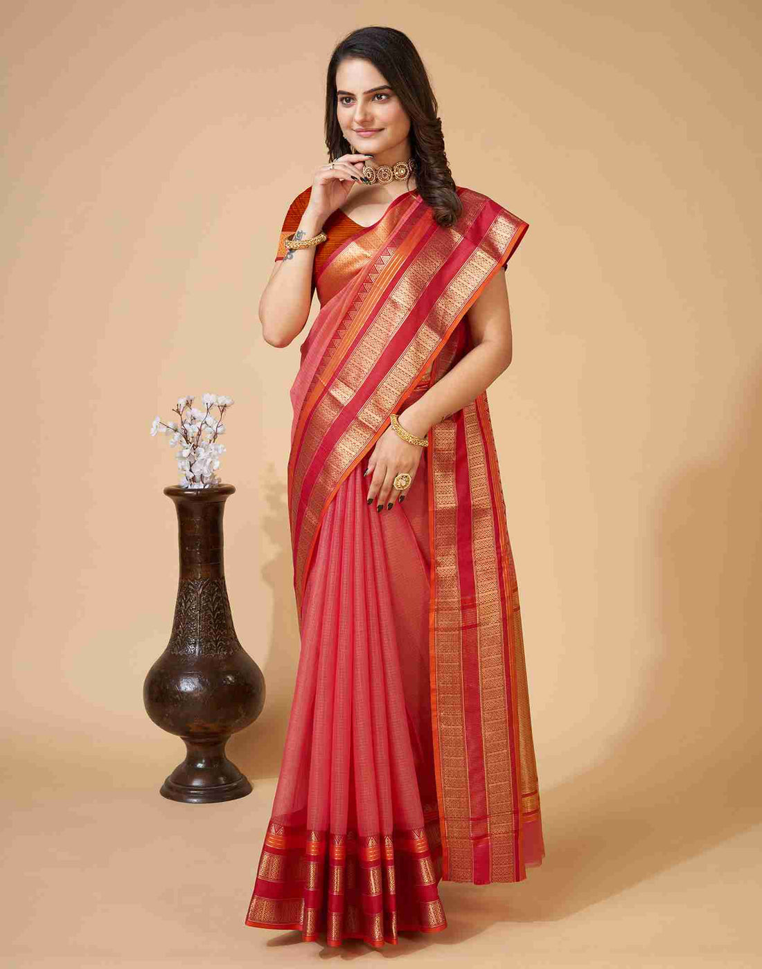 Rose Pink Silk Woven Kota Doria Saree