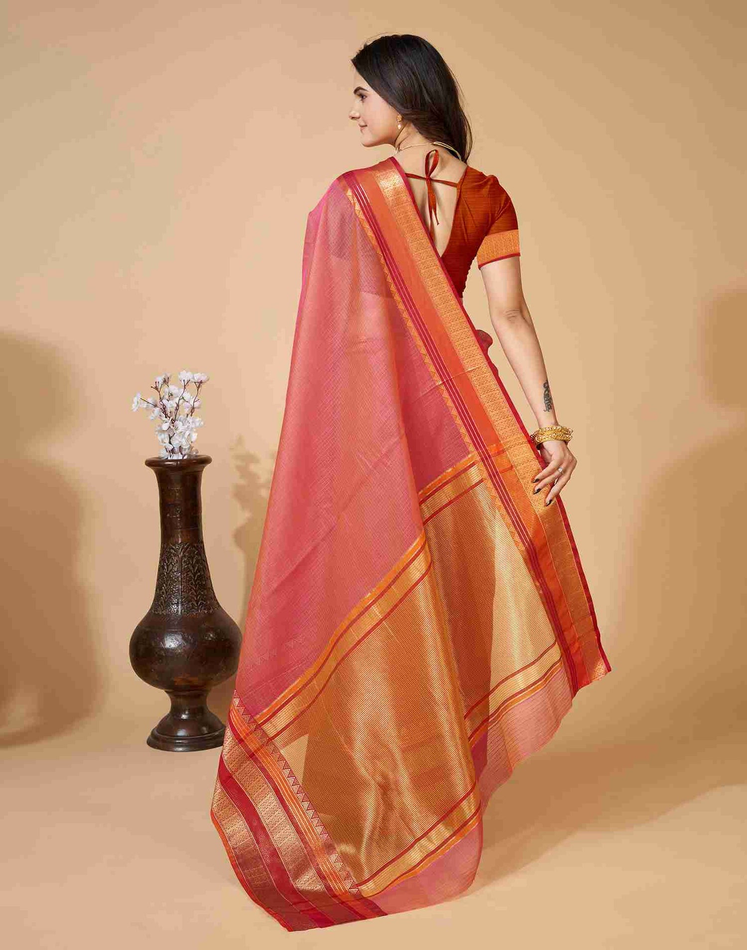 Rose Pink Silk Woven Kota Doria Saree