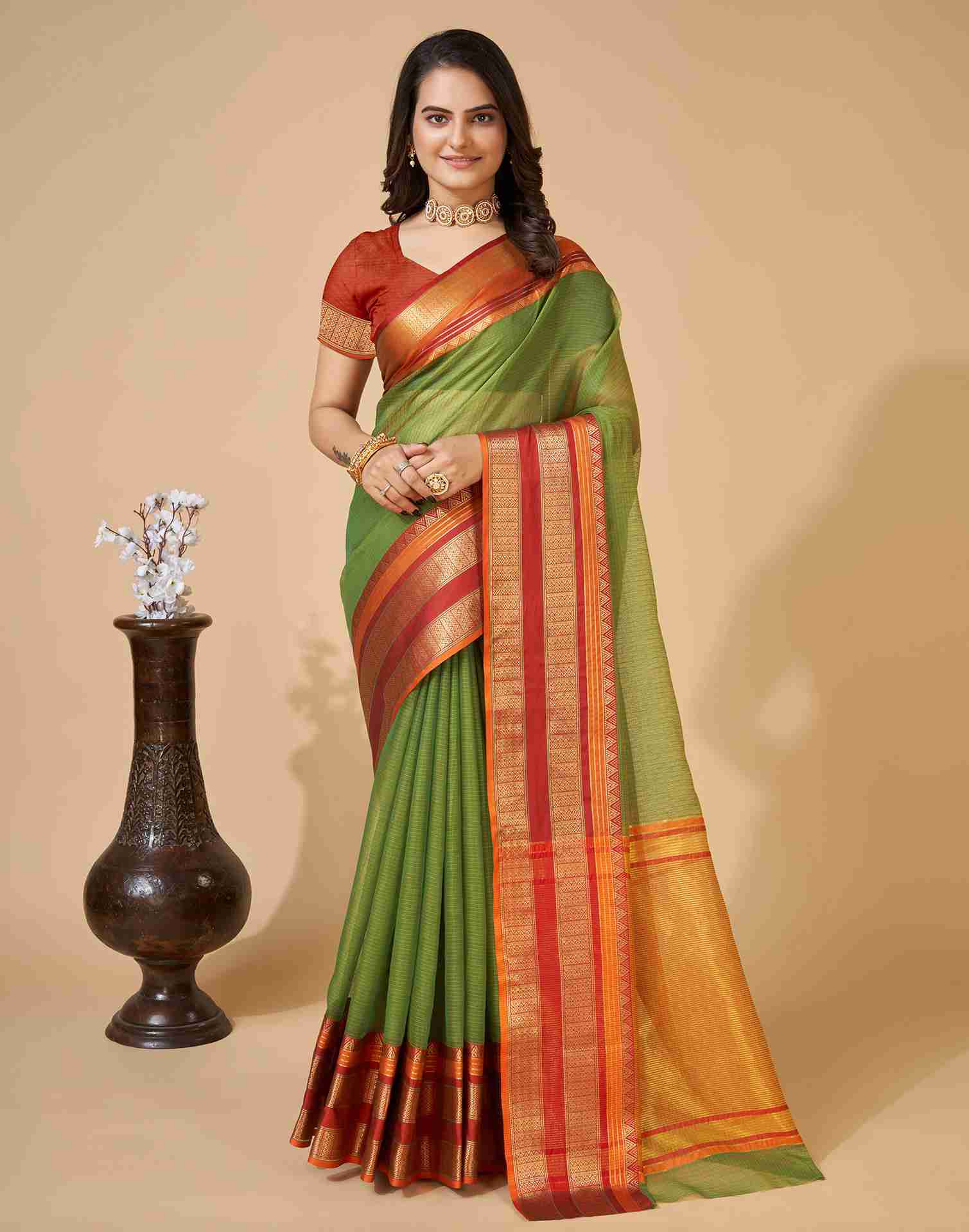 Green Silk Woven Kota Doria Saree