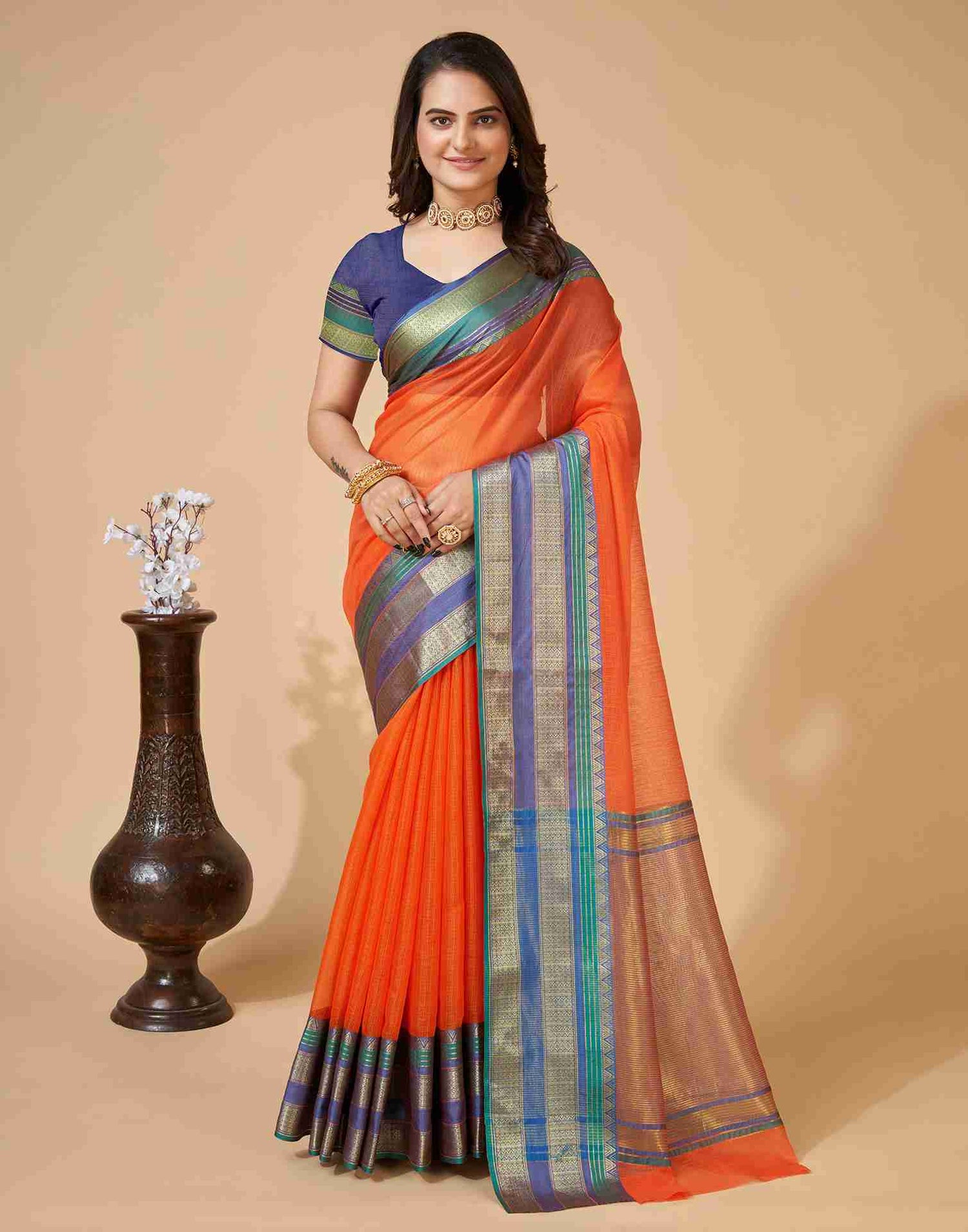 Orange Silk Woven Kota Doria Saree