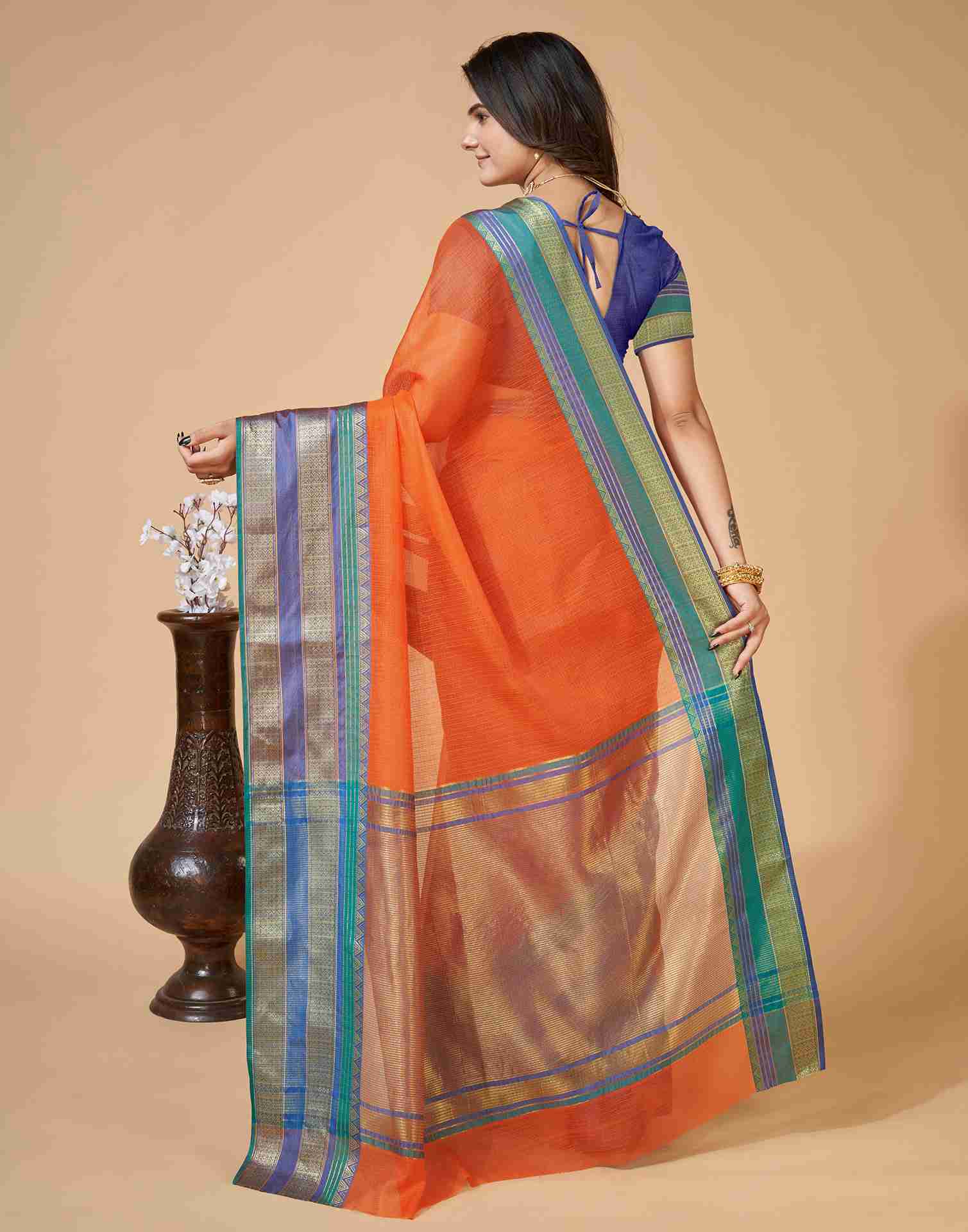 Orange Silk Woven Kota Doria Saree