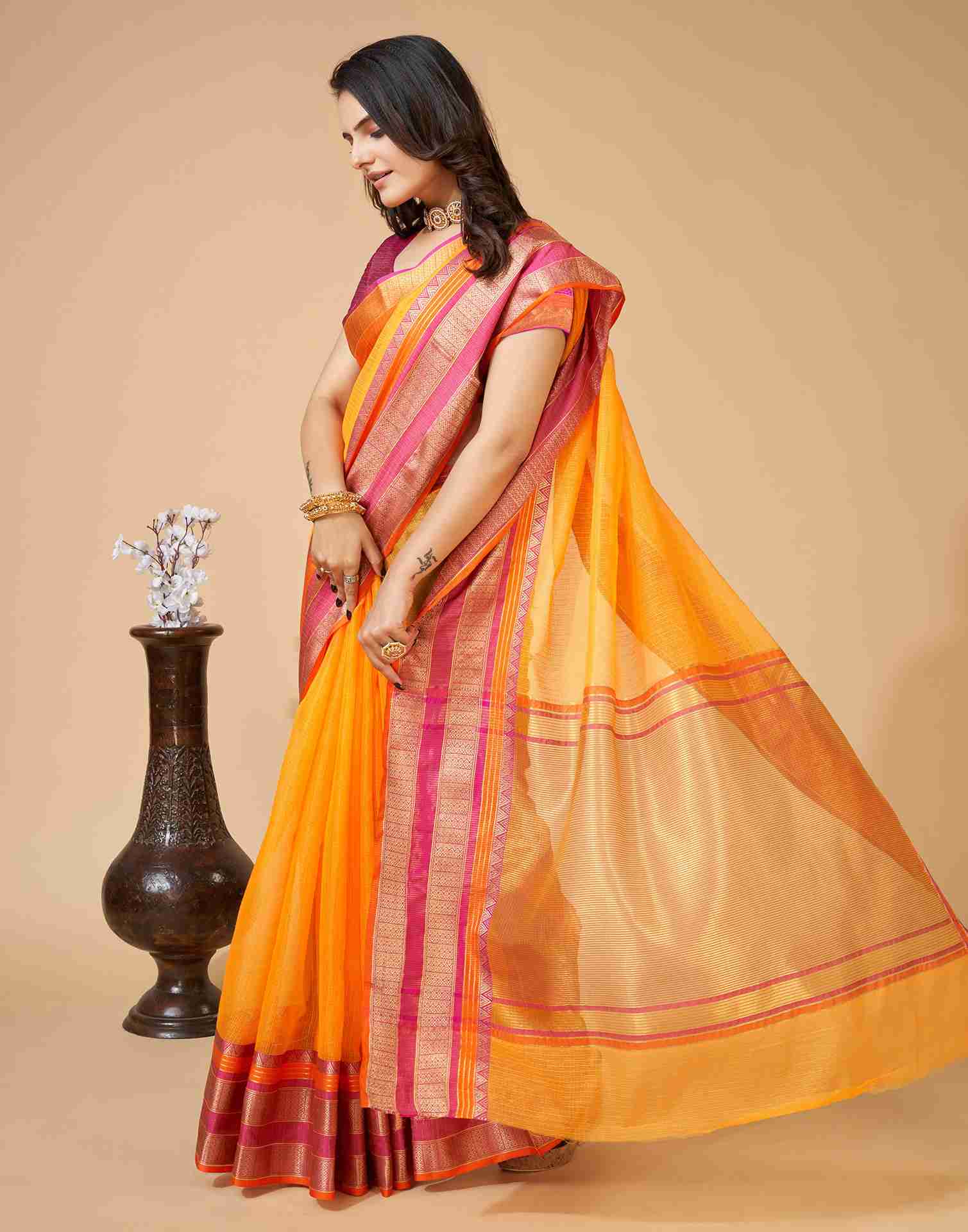 Yellow Silk Woven Kota Doria Saree