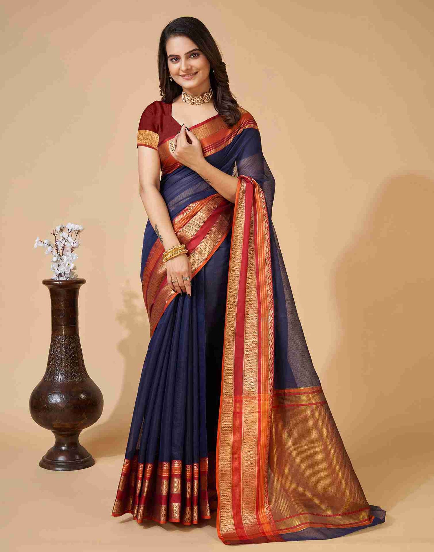 Navy Blue Silk Woven Kota Doria Saree