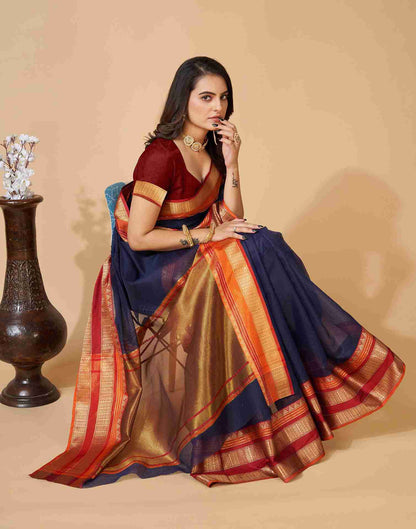 Navy Blue Silk Woven Kota Doria Saree